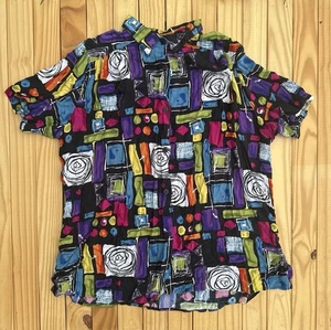 Blusa negra vintage abstracta artística brillante colorida con botones de los años 80 1X - Imagen 1 de 11