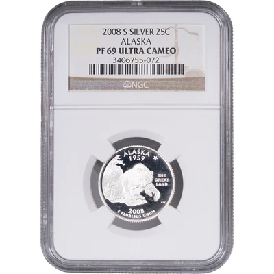 2008-S Silver Alaska State Quarter - Proof ~ NGC PF 69 ULTRA CAMEO - Image 1 of 2