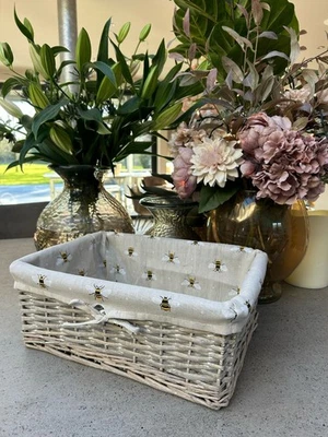 Shallow Wicker Storage Baskets with Bumblebee Bee Grey Liner Kitchen Tidy - Image 1 of 4
