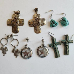 Vintage Southwest Country Ohrringe 5 Stück Türkis Nugget Concho Kreuz Sattel - Bild 1 von 10