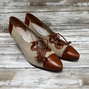Rangoni of Florence Shoes Sz 9 B Tan Leather Canvas Tie Tassel Point Toe Pumps - Picture 1 of 13