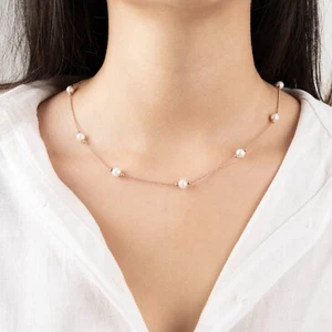14k Gold Pearl Bead Necklace, Pearl Station Necklace, Pearl Necklace for Women - Picture 1 of 8