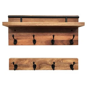 Coat Rack Wall Mount with Shelf Storage Set of 2, Wood Coat Hooks Key Holder ... - Picture 1 of 6