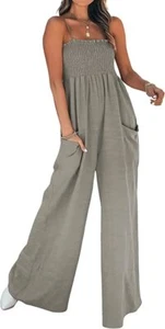 Women's Summer Sleeveless Smocked Wide Leg One Piece Jumpsuit with Pockets - Picture 1 of 22