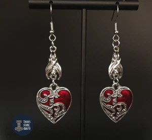 Gothic Blood Heart Earrings with Hanging Bat & Engraved Lace Design Drop Dangly - Picture 1 of 5