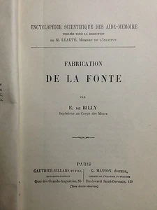 (Ingegneria) FABRICATION DE LA FONTE Par E. De Billy Paris - Imagen 1 de 1