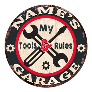 CP-0114 ANY NAME'S Garage Tools Rules Rustic Chic Tin Sign Man Cave Decor Gift - Picture 1 of 1