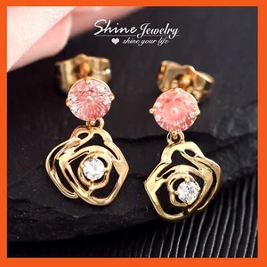 9K ROSE GOLD GF FILIGREE ROSE DROP PINK CRYSTAL LADY BRIDAL GIFT PARTY EARRINGS - Picture 1 of 5