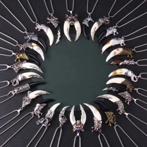 Collar de acero inoxidable estilo tribal colgante de dientes de lobo de colección regalos - Imagen 1 de 45
