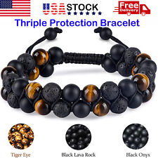 Triple Protection Bracelet for Men Healing Crystal Tiger Eye Lava Onyx Bracelet