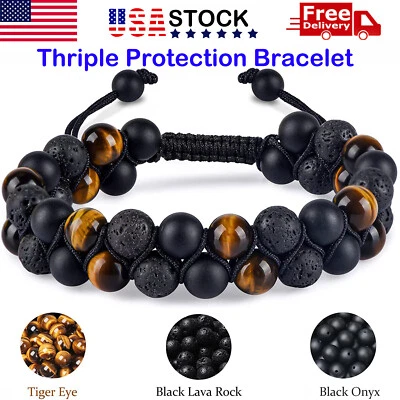 Triple Protection Bracelet for Men Healing Crystal Tiger Eye Lava Onyx Bracelet - Imagem 1 de 4