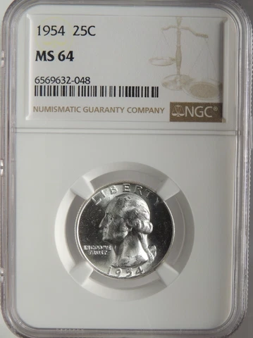 1954-P 25C WASHINGTON SILVER QUARTER MINT STATE - NGC MS64 #6569632-048 Cover
