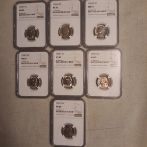 1944S, 1946D, 1948D, (2) 1948S, 1949D & 1951D Jefferson Nickel NGC Slabs (MS65+) - Picture 1 of 16