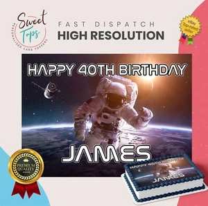 SPACE ASTRONAUTS RECTANGLE EDIBLE CAKE TOPPER DECORATION PERSONALISED - Picture 1 of 1