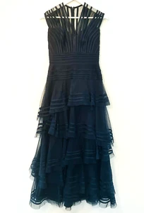 Tadashi Shoji Gown Womens Sz 4 Navy Tiered Micro Pleated Tulle Illusion Wedding - Picture 1 of 20