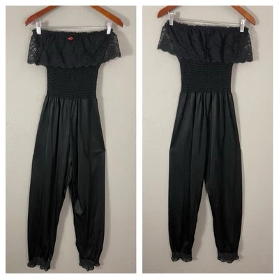 Mono Pantalones De Colección Años 70 Negro Nylon Encaje Tubo Top Harén Niña Genio Descanso Foto 1 de 4