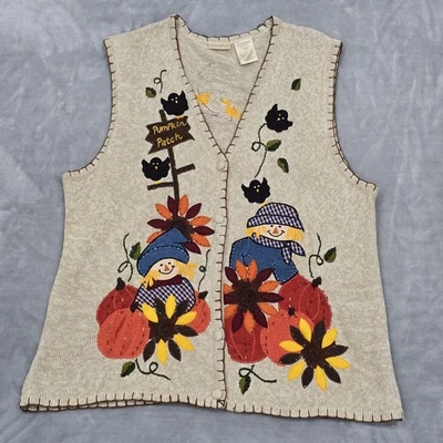 复古 Bobbie Brooks 秋季毛衣背心南瓜布贴稻草人黑鸟 XL — 第 1/4 张图片