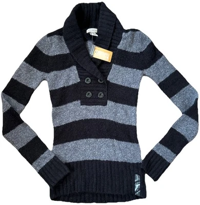 NUEVO Y2K Arizona Rayas Cuello en V Abotonado Suéter Preppy Academia Negro Gris Capucha Foto 1 de 4