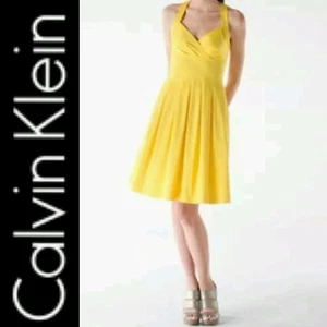 $159 CALVIN KLEIN Yellow Cross Back Cotton Knee Length Sleeveless Dress~8 M3020 - Picture 1 of 9