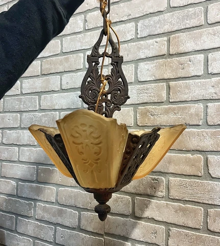 Vintage 1930s Moe Bridges Three Slip Shade Hanging Light Fixture Chandelier Deco Cover