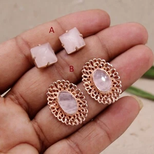 925 Sterling Silver Rose Gold Plated Jewelry Rose Quartz Designer Stud Earring - Picture 1 of 10