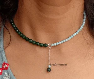 Natural Green Aventurine and Larimar Beads Silver Chain Necklace Gift for Her - Picture 1 of 6