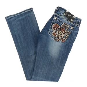 Miss Me Signature Rise Boot Womens Embellished Fleur De Lis Blue Jeans Size 27 - Picture 1 of 11