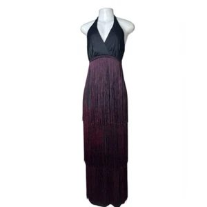Maxi Vestido De Colección Años 70 Jack Hartley Halter Flecos Negro y Ciruela Ombre Festival 7/8 - Imagen 1 de 13