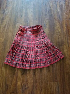Girls wrap skirt pleated waist 22.5 plaid red black distress side hem - Picture 1 of 10