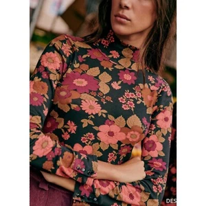 Sezane Felix Jumper Organic Cotton Floral Mock Neck Blouse Top Button Garden XS - Picture 1 of 11