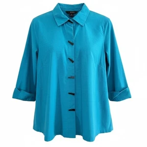 Ali Miles Women's Petite Large Teal Toggle Front 3/4 Sleeve Textured Blouse - Picture 1 of 4