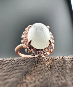 Elegant Grade A Burma Jadeite Ring with Diamond Accents - Adjustable S925 Band - Picture 1 of 12