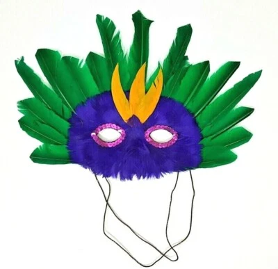 Mardi Gras Mask Purple and Green With Pink Sequins Multi Colored Feathered - Image 1 of 4