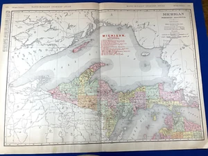 1906 Color Map MICHIGAN UPPER PENINSULA 28x20.5" RAILROAD KEY, American Express - Picture 1 of 16
