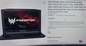 Acer Predator [Helio 300, 15.6 In, Intel Core I7, 1TB Hard Drive, 256GB SSD - Picture 1 of 6