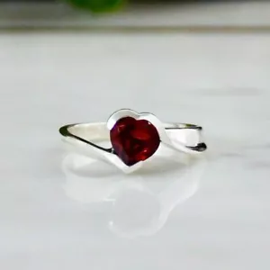 Ring Silver 925 Sterling Garnet Heart Rhodolite Red Natural Gemstone Over Band - Picture 1 of 5