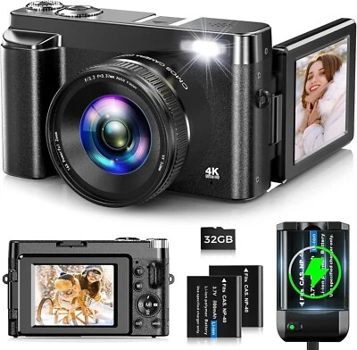 Digital Camera,4K 48MP Autofocus Vlogging Camera with 32G Memory Card 16X - Image 1 of 4