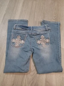 Faded Glory Girls Sz 10 Blue Jeans Bootcut Sequin D20 - Picture 1 of 3