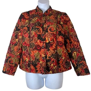 Requirements Quilted Jacket Size Petite XL Button Front Brown Red Floral - Picture 1 of 4