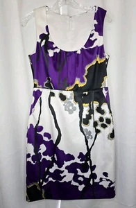 T TAHARI Jocelin Sheath Dress 6 White Purple Black Abstract Satin Cinched Artsy - Picture 1 of 12