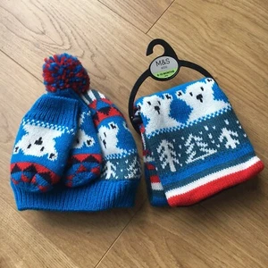 M&S Boys Winter Knitted Hat, Scarf & Mittens Set 6-18 Months BNWT Polar Bear - Picture 1 of 8