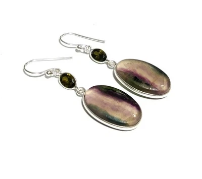 Natural Flourite & Peridot Gemstone Earring, 925 Sterling Silver Drop Earrings - Image 1 of 4