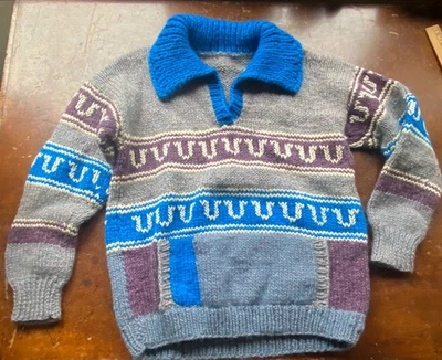 Vintage 1980s Hand Knit Wool Sweater S/M Ecuador Chunky Knit Kangaroo Pocket - Image 1 of 4