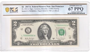 $2 2017 Fancy Serial Number Four Of Kind PCGS 67 Super Gem UNC 75058000 Currency - Picture 1 of 4