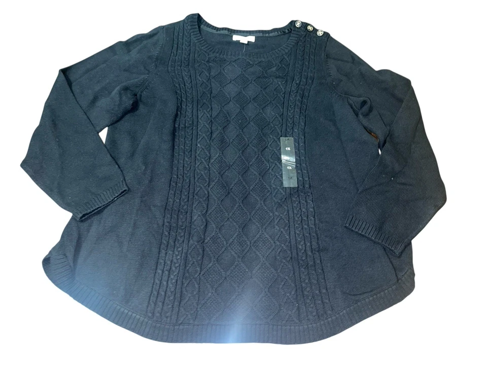 Charter Club Womens Black Ribbed Trim Crewneck Sweater Top Plus 1x BHFO 0401