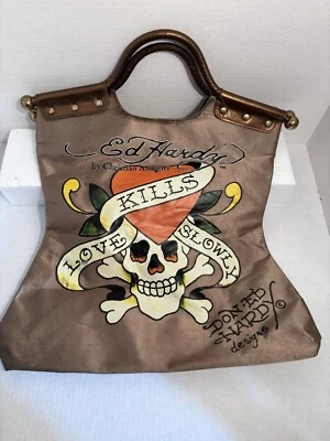 Bolsa tote vintage Ed Hardy por Christian Audigier Love Kills Slowly bronze Y2K - Imagem 1 de 4