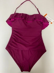 Women's DKNY Swimsuit Tummy Compression Removable Cups - Straps Burgundy Size 16 - Picture 1 of 9