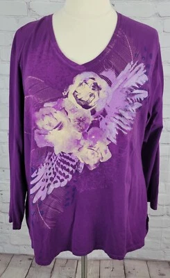 JMS Just My Size Purple Floral Knit Top Size 4X Long Sleeve Gentle  V Neck - Image 1 of 4