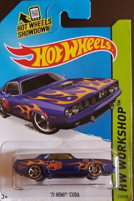 Hot Wheels '71 Hemi Cuda HW Workshp #210/250 Metalflake Blue ¡con llamas naranjas!  Foto 1 de 4