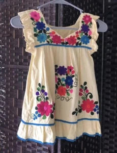 Mexican Embroidered Dress for Girls, Mexican Folk, Floral. Light Yellow . Size 4 - Picture 1 of 2